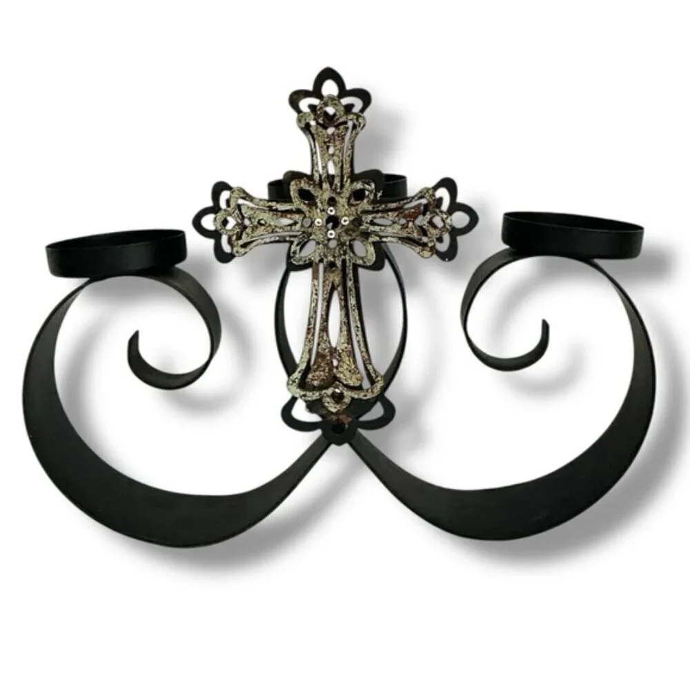 Artisan Jeweled Cross Multi Votive Candelabra Candle Holder Primitive Vintage